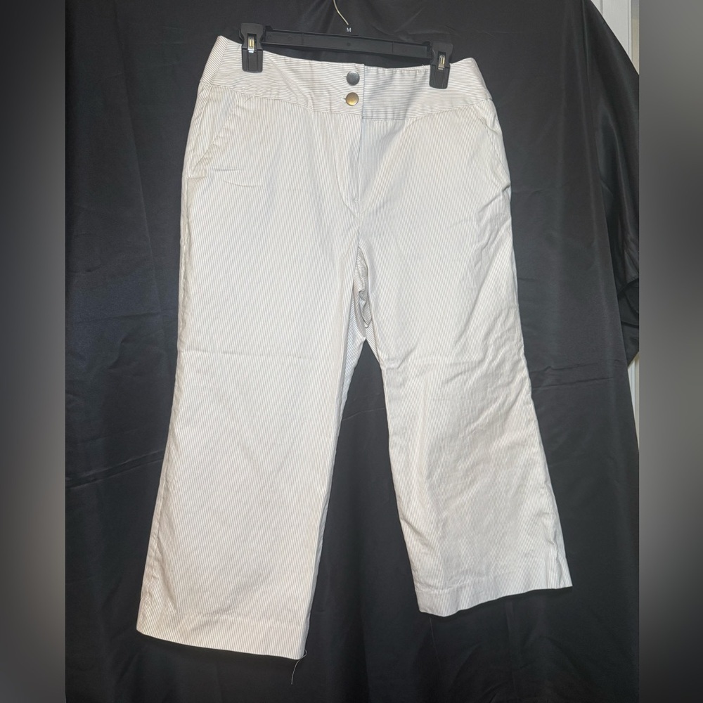 Sandro Sz 10 Beige & Ivory Stripe Capri Pants Preppy Casual Summer High Rise